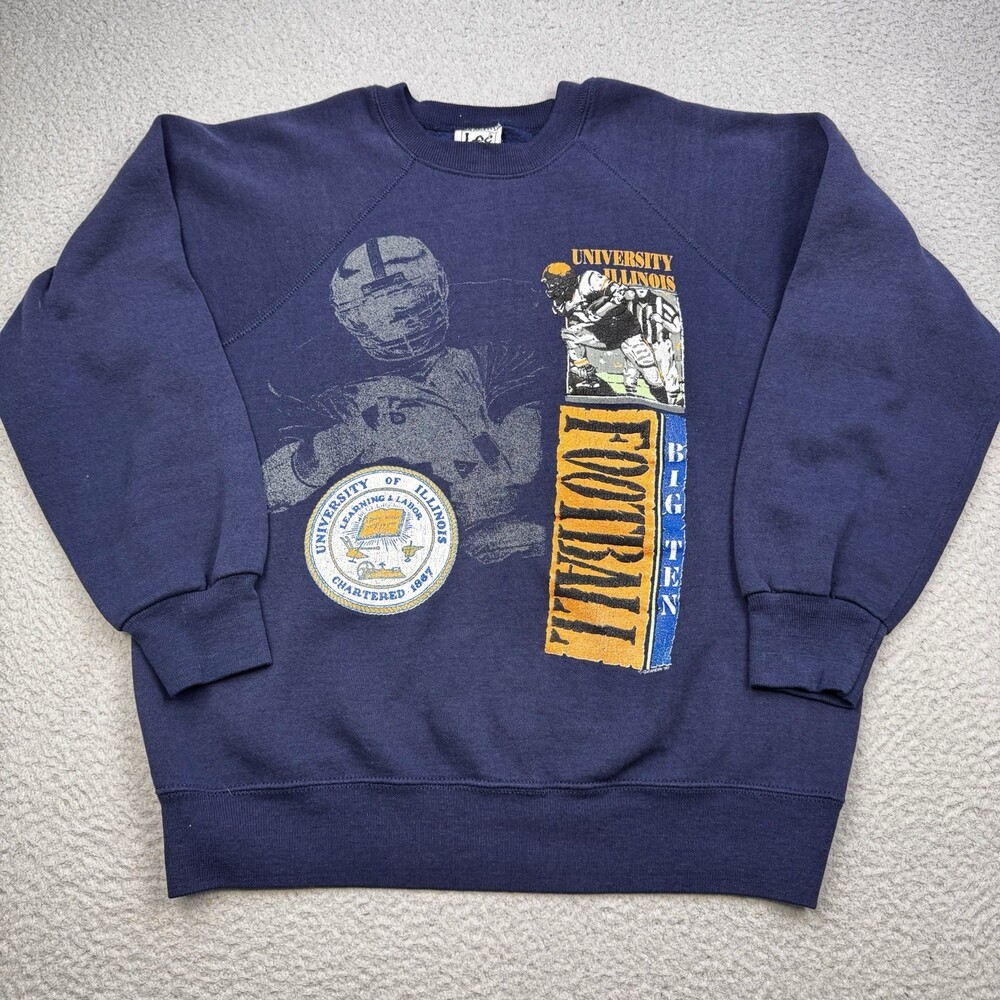 VINTAGE ILLINOIS Sweatshirt Mens Large Blue Football 1990 Crewneck Sweater USA